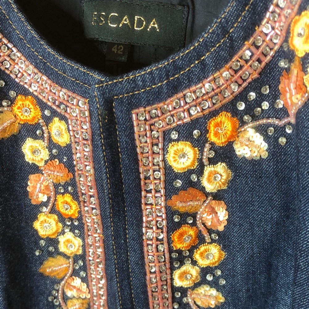Escada Dark Blue Denim Jacket with Orange and Peach Embroidery